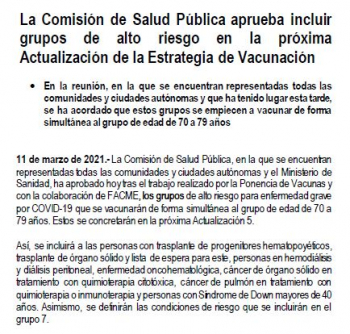 La Comisión de Salud Pública ha acordado que los grupos de alto riesgo se empiecen a vacunar de forma simultánea al grupo de edad de 70 a 79 años